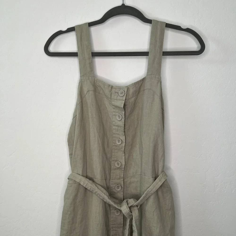 Everlane Linen Jumpsuit Women Size 6 Sage Green Button Front Tie Waist Wide Leg